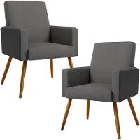 Kit 02 Poltronas Pés Palito Linho Cinza Escuro Preto - 1