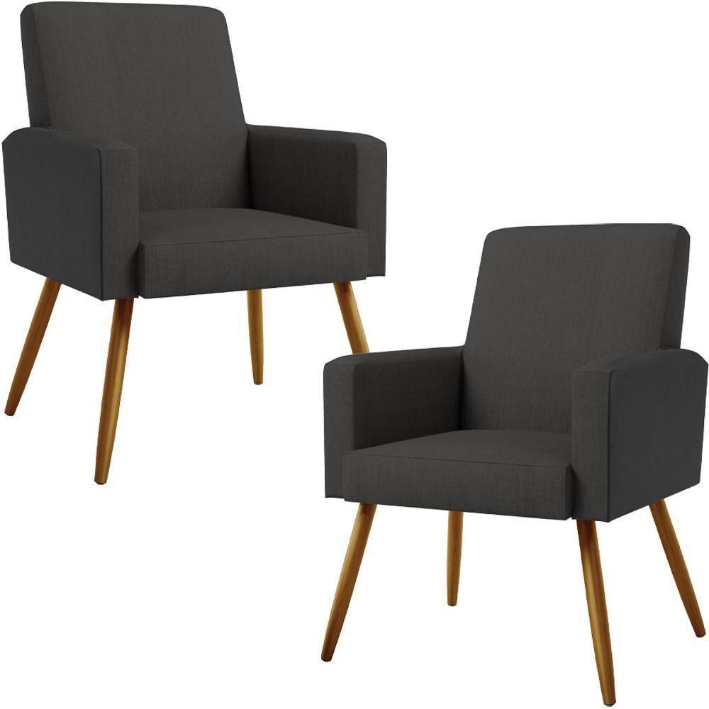 Kit 02 Poltronas Pés Palito Linho Chumbo Couríssimo Preto - 1