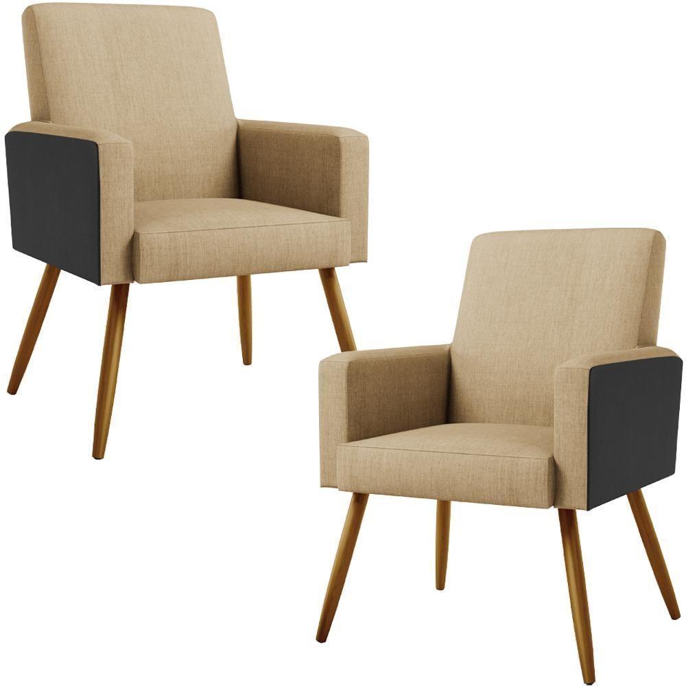 Kit 02 Poltronas Pés Palito Linho Bege Escuro Preto - 1