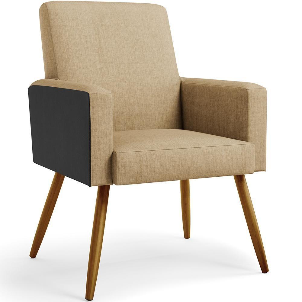 Kit 02 Poltronas Pés Palito Linho Bege Escuro Preto - 7