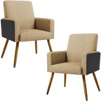 Kit 02 Poltronas Pés Palito Linho Bege Escuro Preto - 1