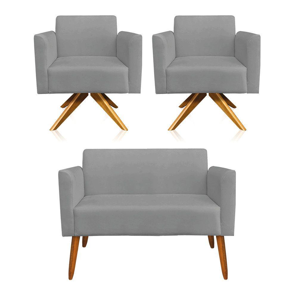 Kit 1 Namoradeira e 2 Poltronas Marisa Suede Grafite Madeira - 1