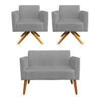 Kit 1 Namoradeira e 2 Poltronas Marisa Suede Grafite Madeira - 1