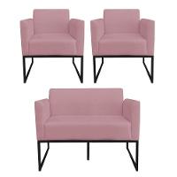Kit 1 Namoradeira e 2 Poltronas Marisa Suede Preto Rose - 1