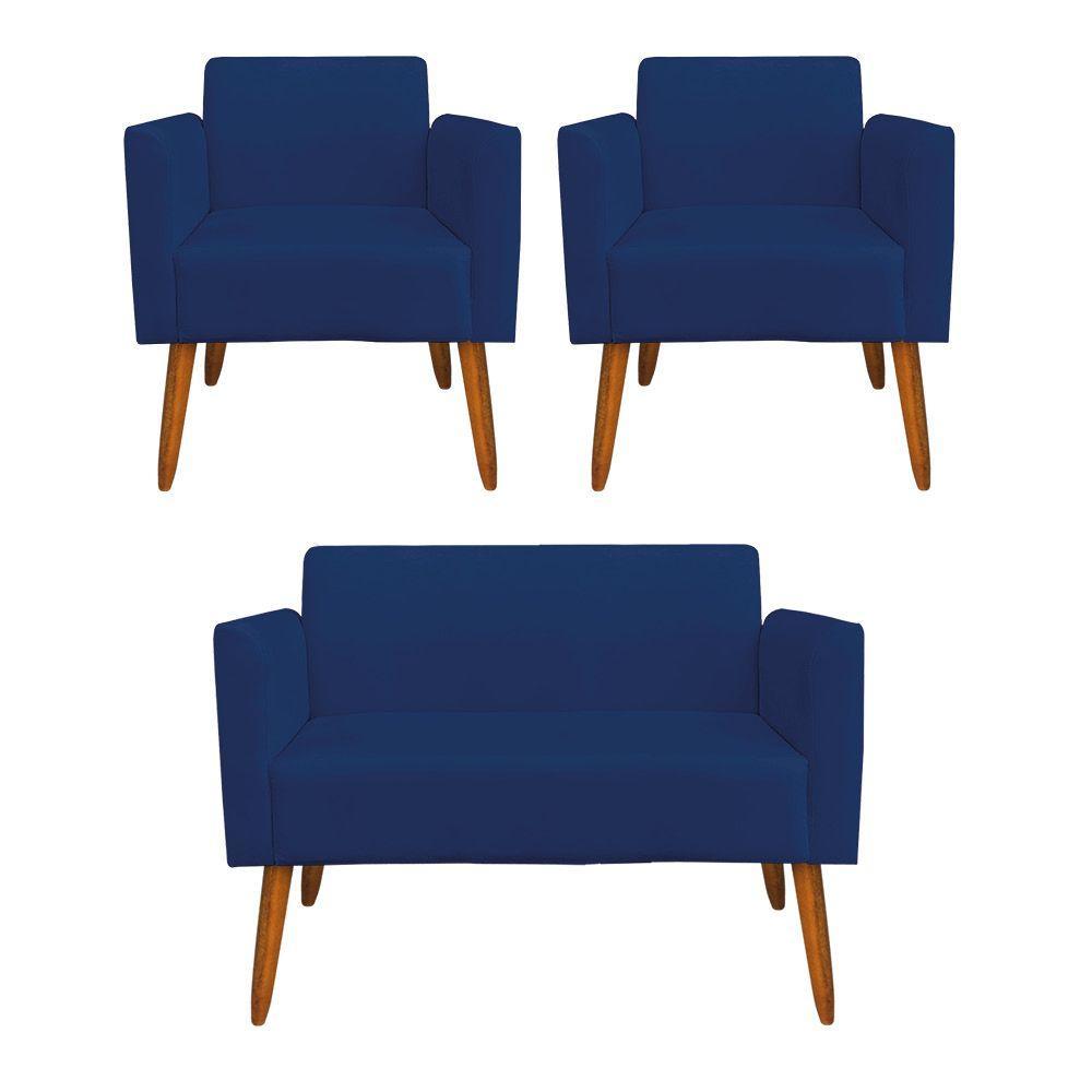 Kit 1 Namoradeira e 2 Poltronas Marisa Azul Marinho - 1