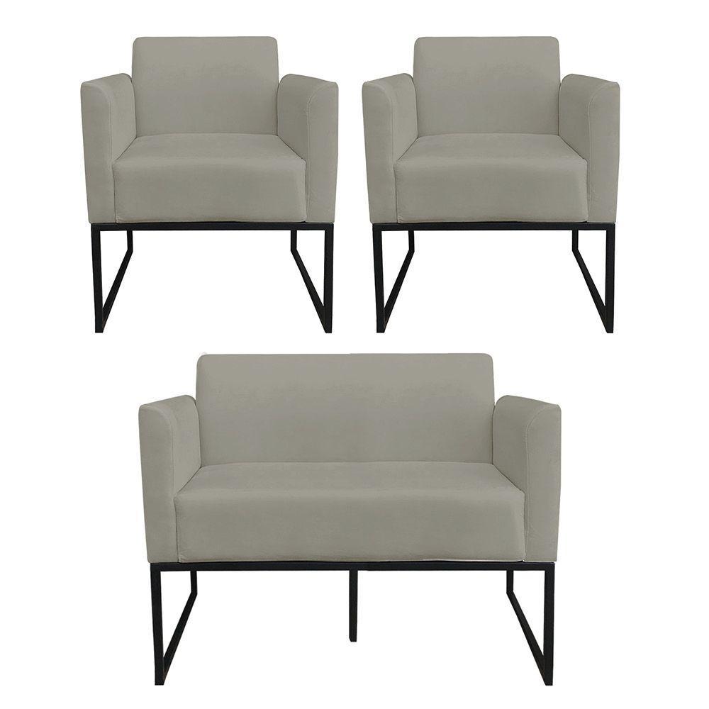 Kit 1 Namoradeira e 2 Poltronas Suede Preto Marrom Rato - 1