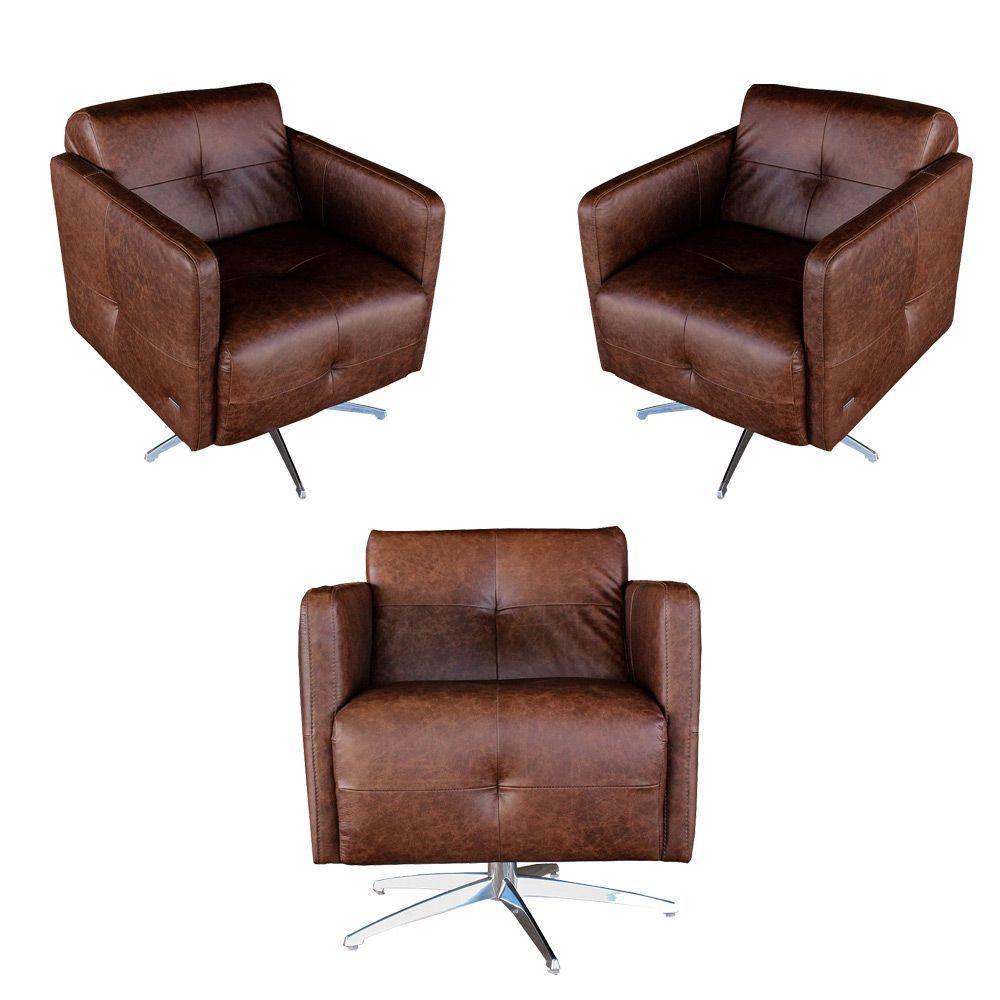 Kit 3 Poltronas Giratória Astana Couro Marrom - 1