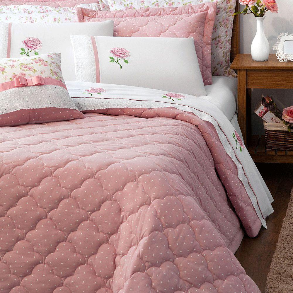 Kit Cobre Leito Casal Queen Yonara 07 Peças Tecido Percal Floral Com Almofada Bordado Inglês - Rosê - 1