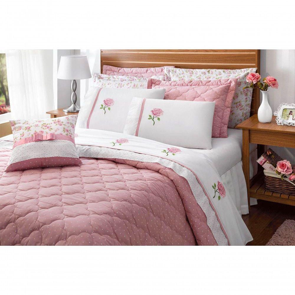 Kit Cobre Leito Casal Queen Yonara 07 Peças Tecido Percal Floral Com Almofada Bordado Inglês - Rosê - 3