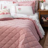 Kit Cobre Leito Casal Queen Yonara 07 Peças Tecido Percal Floral Com Almofada Bordado Inglês - Rosê - 1