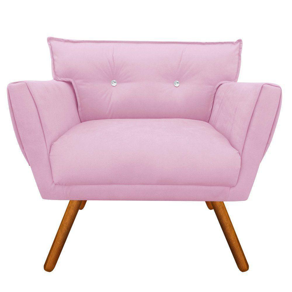 Poltrona Anitta Suede Rosa Bebê Com Strass Pés Castanho - 2