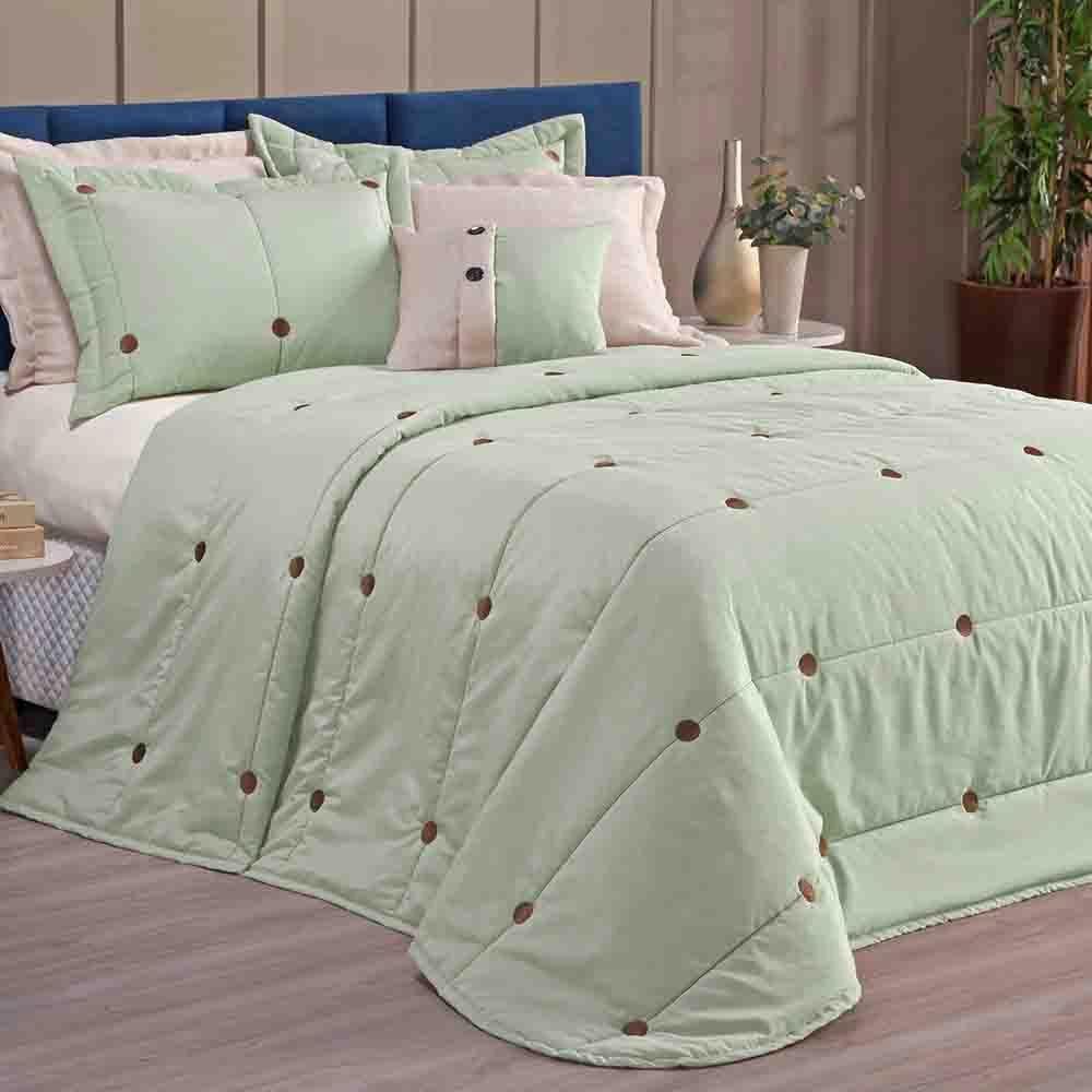 Kit Cobre Leito Colcha Splendore Queen 07 Peças Bordado Botão 200 Fios - Verde - 1