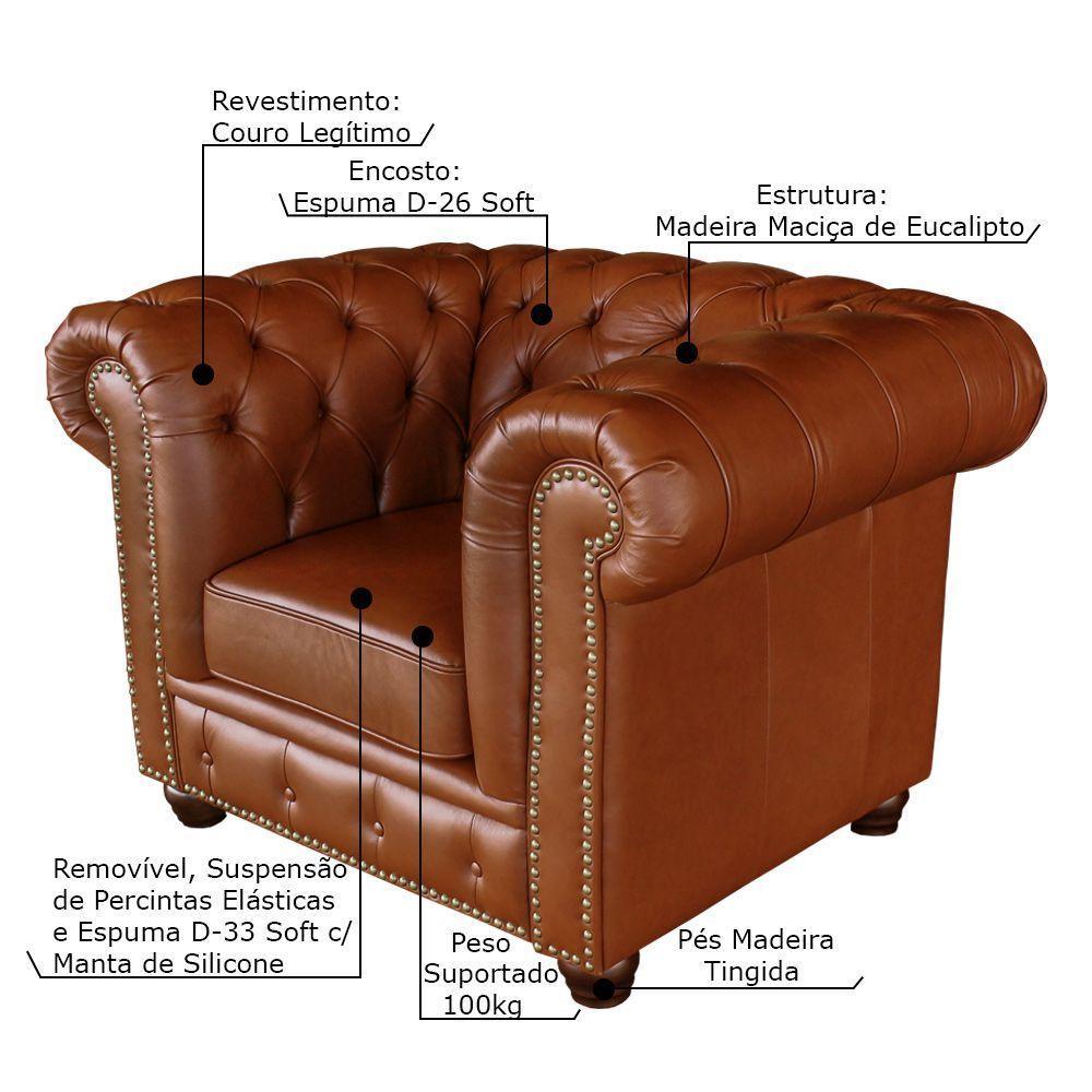 Poltrona Chesterfield com Pés Madeira Couro Conhaque Brilho - 3