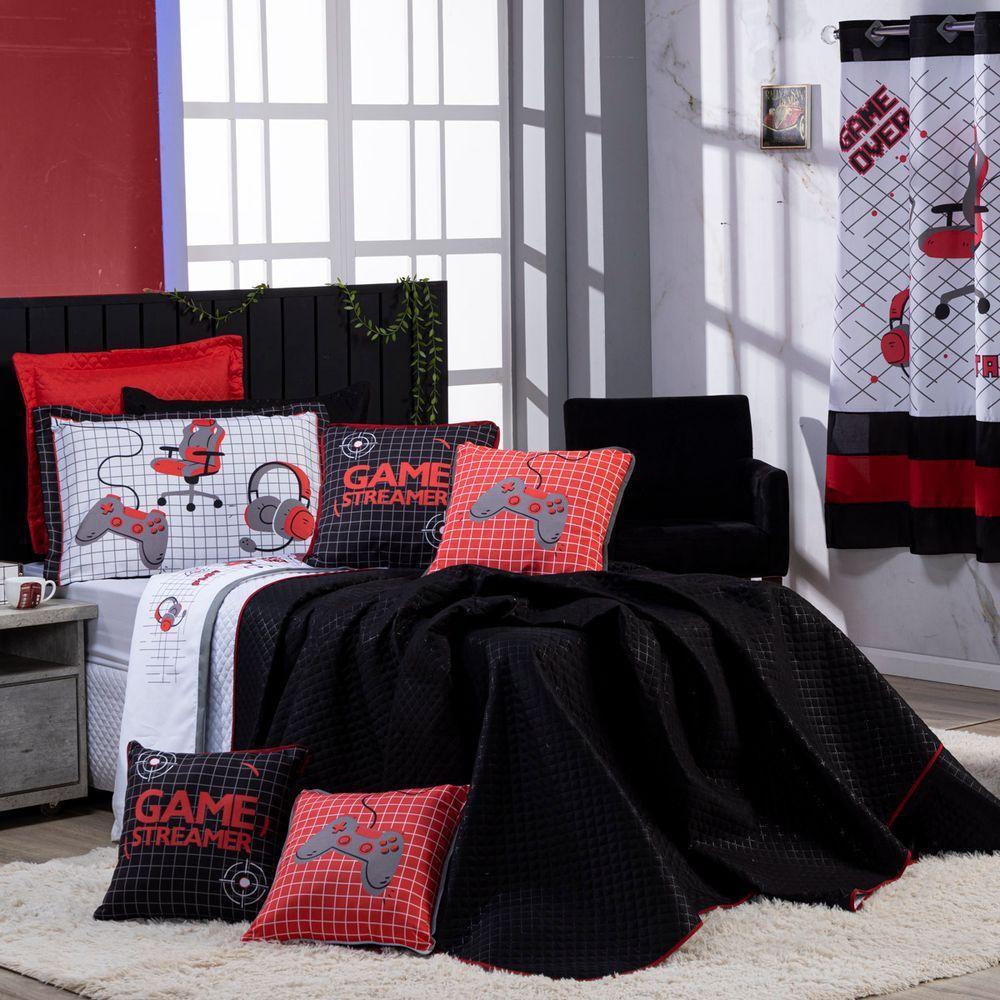 Kit Cobre Leito Game Streamer Dupla Face C/ Almofadas Solteiro 05pçs Vermelho - 1