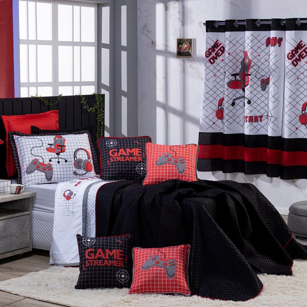 Kit Cobre Leito Game Streamer Dupla Face C/ Almofadas Solteiro 05pçs Vermelho - 5