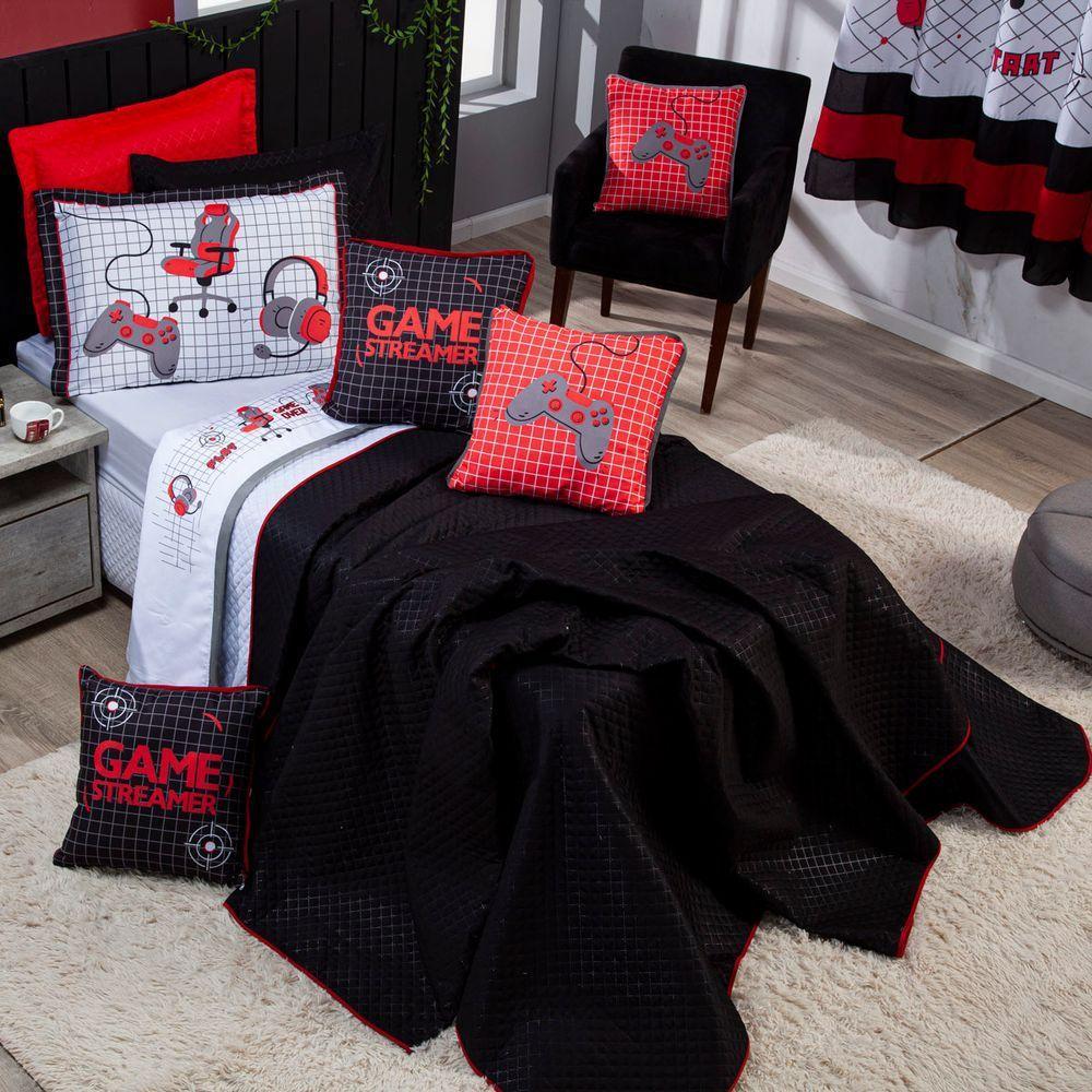 Kit Cobre Leito Game Streamer Dupla Face C/ Almofadas Solteiro 05pçs Vermelho - 6