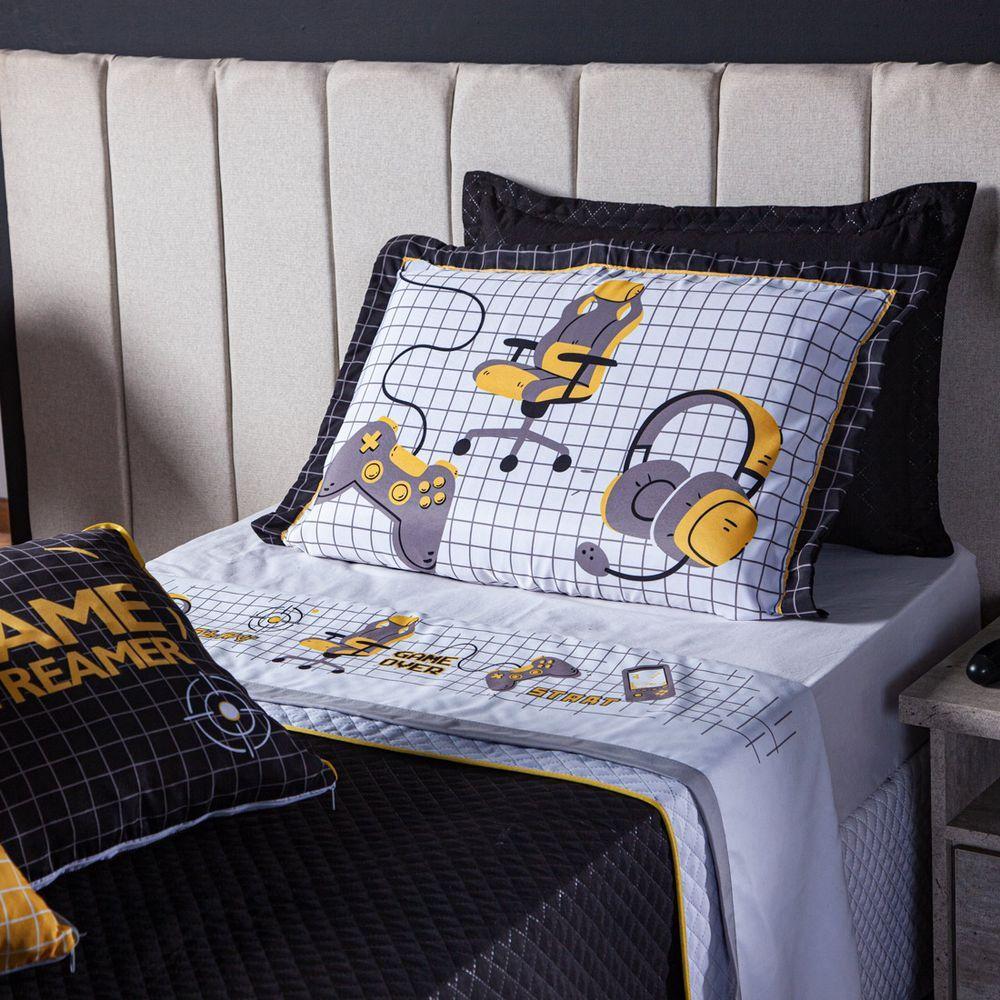 Kit Cobre Leito Game Streamer Dupla Face C/ Almofadas Solteiro 05pçs Amarelo - 4