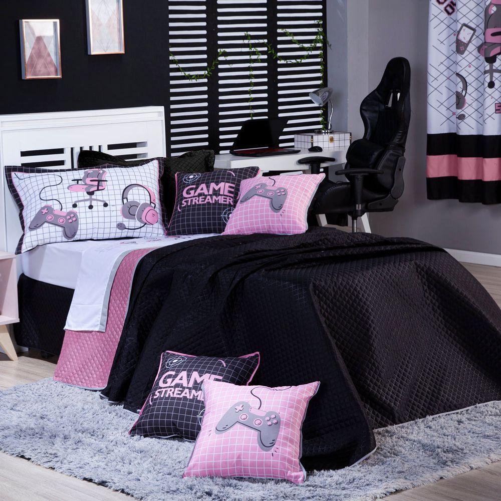 Kit Cobre Leito Game Streamer Dupla Face C/ Almofadas Solteiro 05pçs Rosê - 1