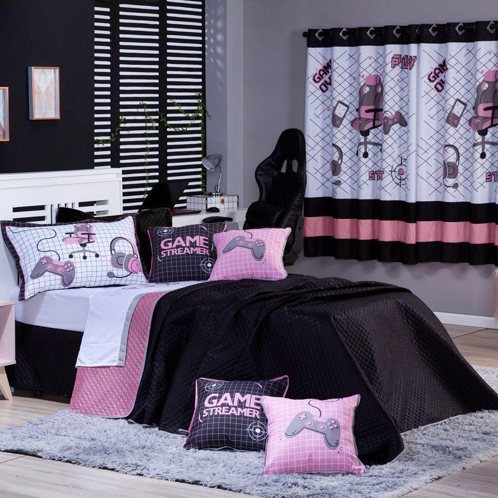 Kit Cobre Leito Game Streamer Dupla Face C/ Almofadas Solteiro 05pçs Rosê - 8