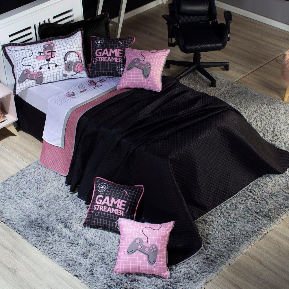 Kit Cobre Leito Game Streamer Dupla Face C/ Almofadas Solteiro 05pçs Rosê - 9