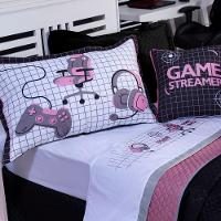Kit Cobre Leito Game Streamer Dupla Face C/ Almofadas Solteiro 05pçs Rosê