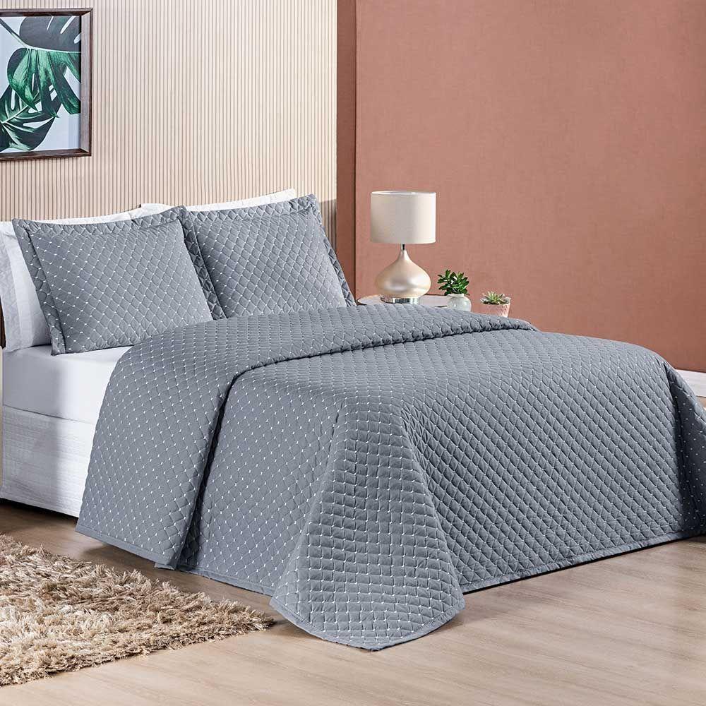 Kit Cobre Leito Espanha Casal King 03 Peças Micropercal 200 Fios Matelado White Line - Cinza - 1