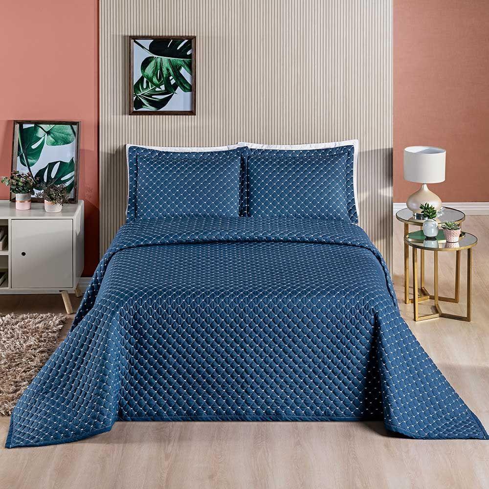 Kit Cobre Leito Espanha Casal Padrão 03 Peças 200 Fios Matelado White Line - Azul Marinho - 1