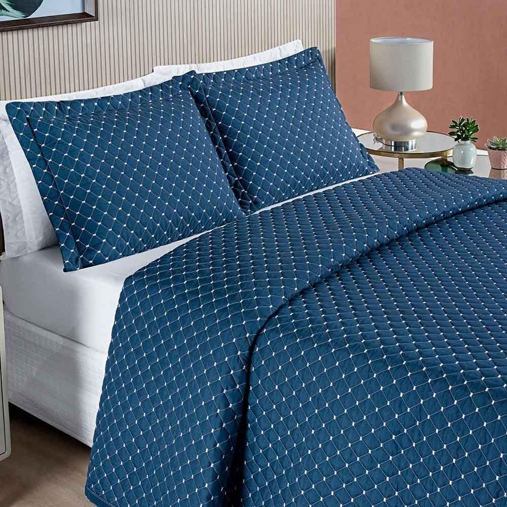 Kit Cobre Leito Espanha Casal Padrão 03 Peças 200 Fios Matelado White Line - Azul Marinho - 2