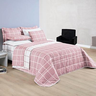 Kit Cobre Leito Minimalista Quadriculado King 03 Peças Tecido Micropercal 200 Fios - Rosa