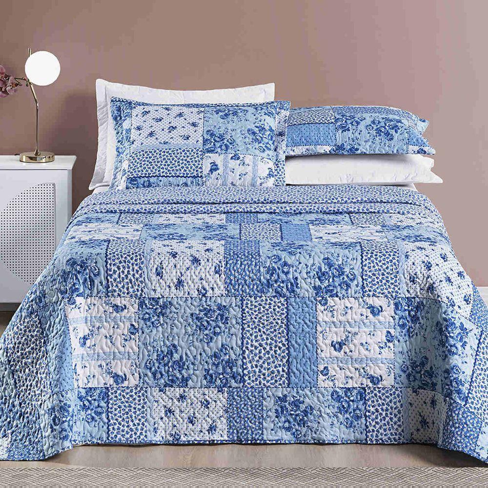 Kit Colcha Ayla Casal King Tecido Dupla Face Microfibra 03 Peças - Azul Serene - 2