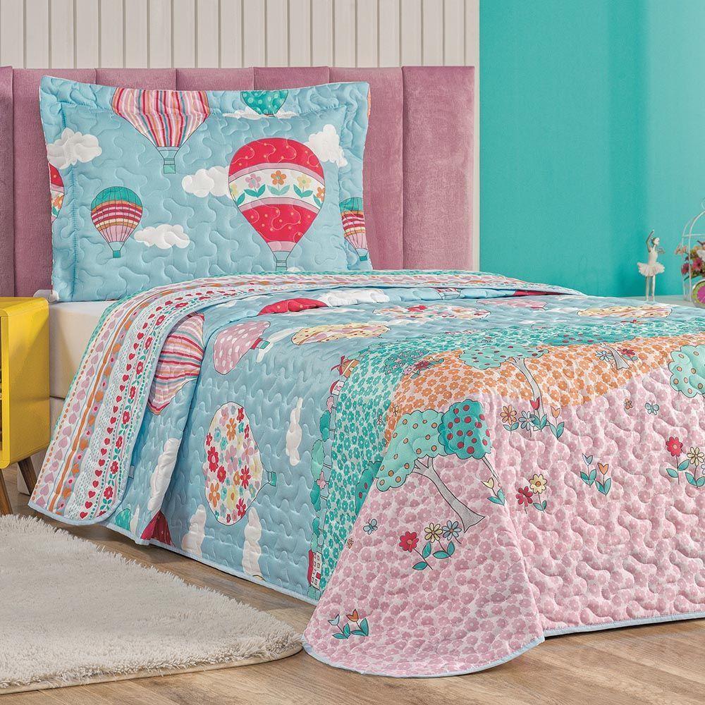 Kit Colcha Balão Solteiro Tecido Microfibra Dupla Face Quarto Infantil - Rosa - 1