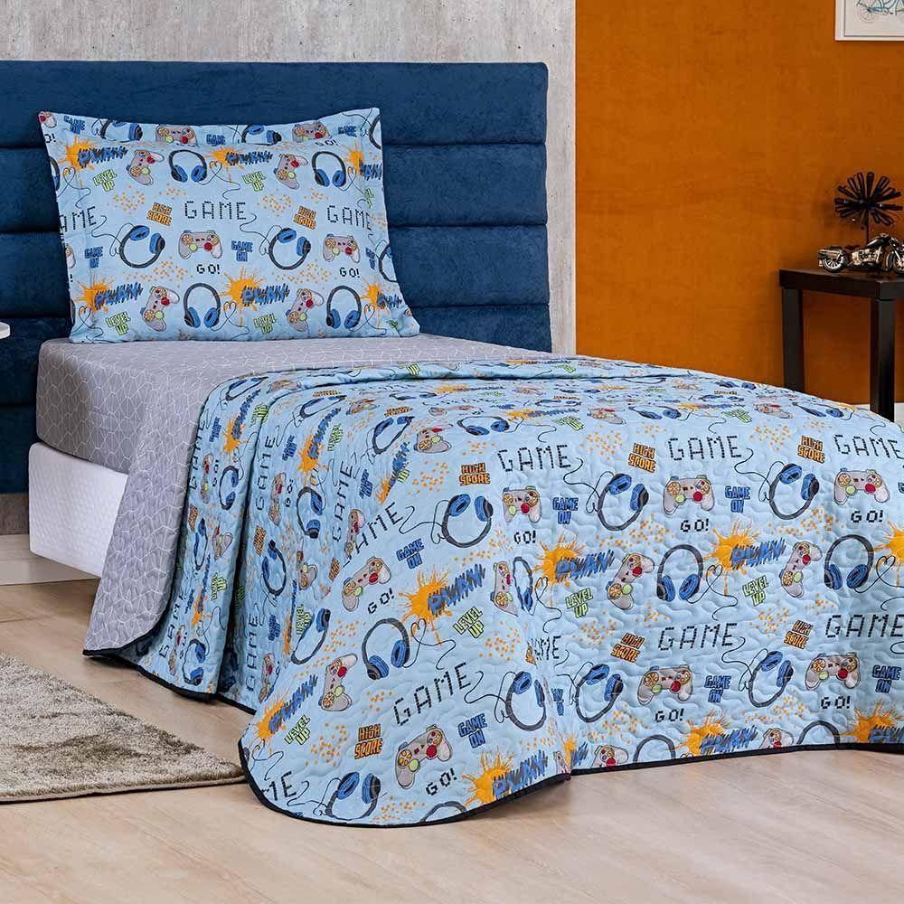 Kit Colcha Game Solteiro Tecido Microfibra Dupla Face Quarto Infantil - Azul - 1