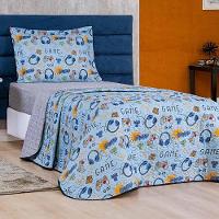 Kit Colcha Game Solteiro Tecido Microfibra Dupla Face Quarto Infantil - Azul - 1