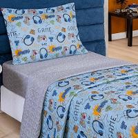 Kit Colcha Game Solteiro Tecido Microfibra Dupla Face Quarto Infantil - Azul - 2