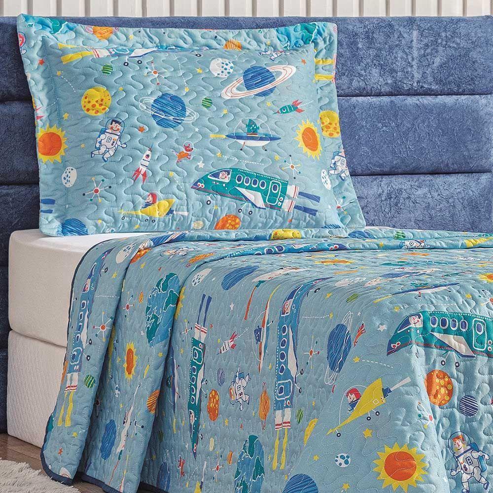 Kit Colcha Diverkids Astronauta Solteiro Tecido Microfibra Dupla Face Quarto Infantil - Azul - 3