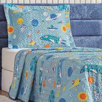 Kit Colcha Diverkids Astronauta Solteiro Tecido Microfibra Dupla Face Quarto Infantil - Azul - 3