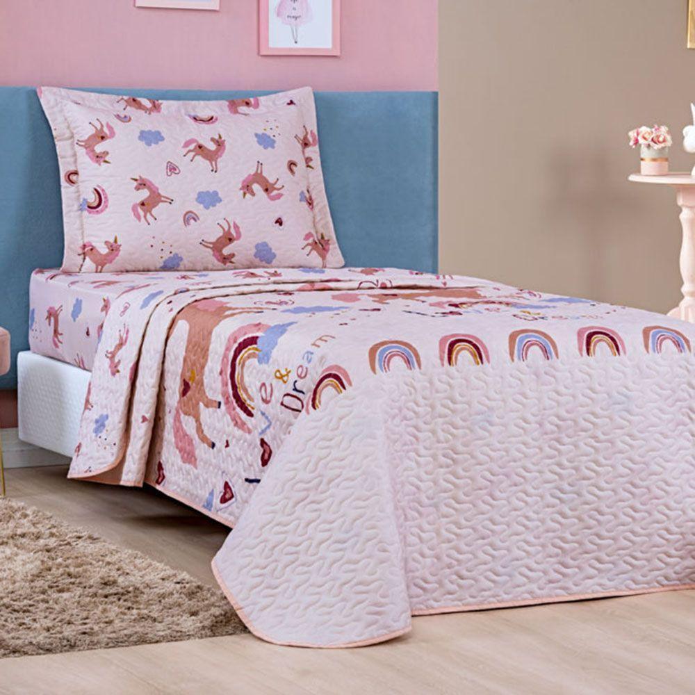 Kit Colcha Unicórnio Solteiro Tecido Microfibra Dupla Face Quarto Infantil - Rosa - 1