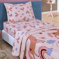 Kit Colcha Unicórnio Solteiro Tecido Microfibra Dupla Face Quarto Infantil - Rosa - 3
