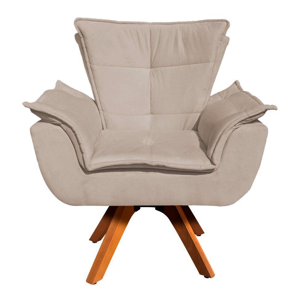 Poltrona Giratória Opala Suede Bege Base Madeira - 1