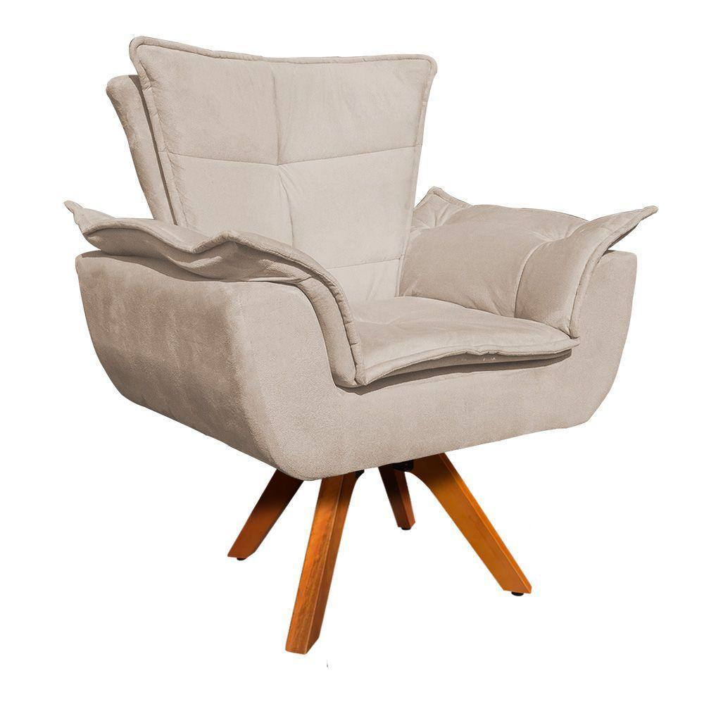 Poltrona Giratória Opala Suede Bege Base Madeira - 2