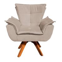 Poltrona Giratória Opala Suede Bege Base Madeira - 1