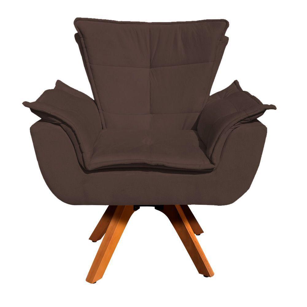 Poltrona Giratória Opala Suede Marrom Base Madeira - 1