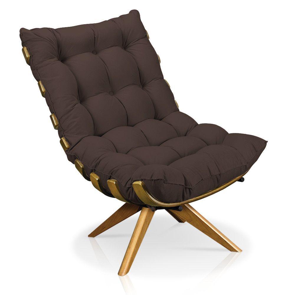 Poltrona Giratória Costela Suede Base Madeira Marrom - 1