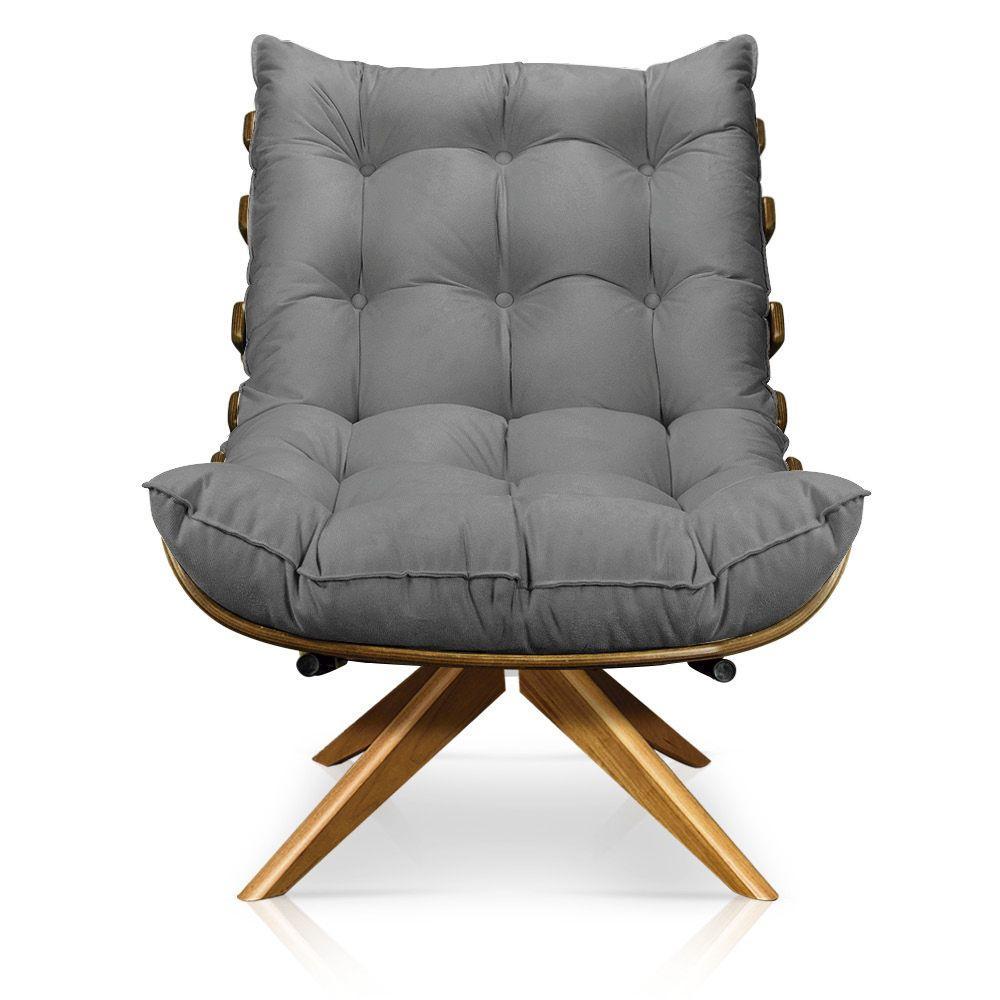 Poltrona Giratória Costela Suede Base Madeira Grafite - 5