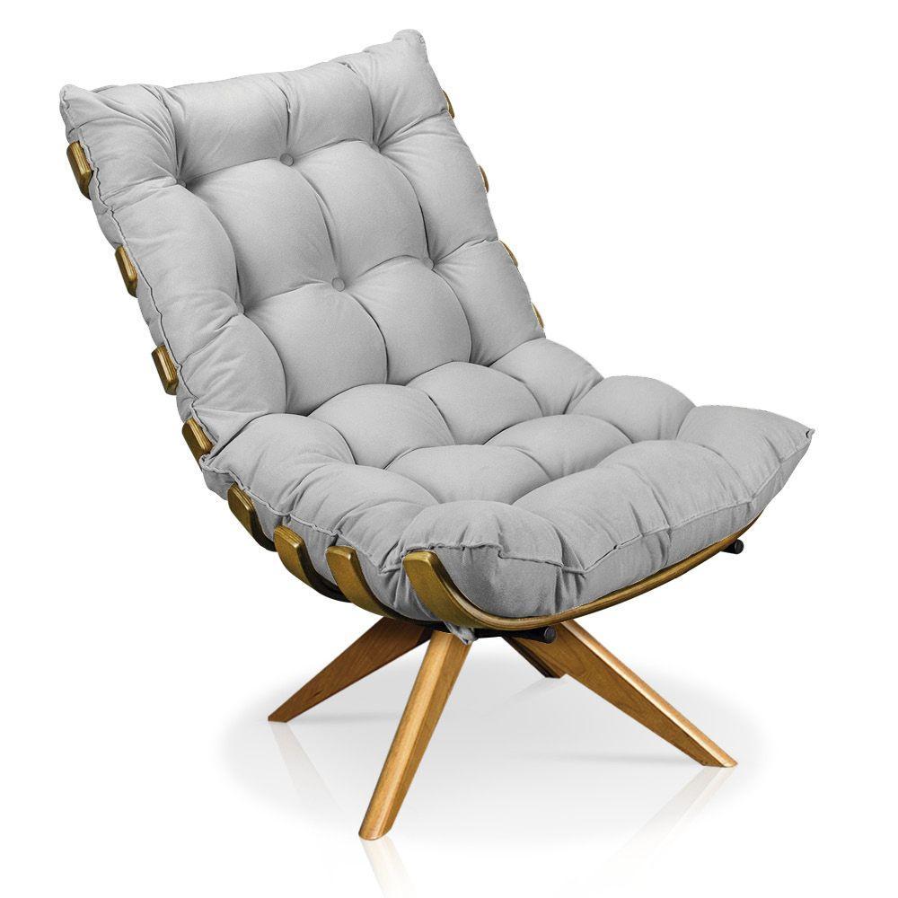 Poltrona Giratória Costela Suede Base Madeira Cinza - 1