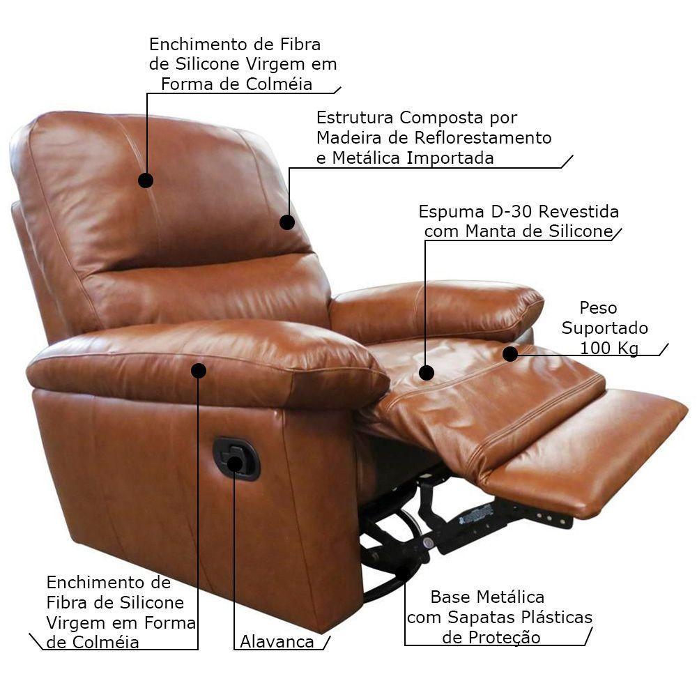 Poltrona Reclinável Giratória Glider Couro Conhaque Brilho - 3