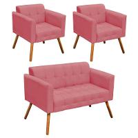 01 Namoradeira e 02 Poltronas Elisa Suede Pés Palito Rose - 1
