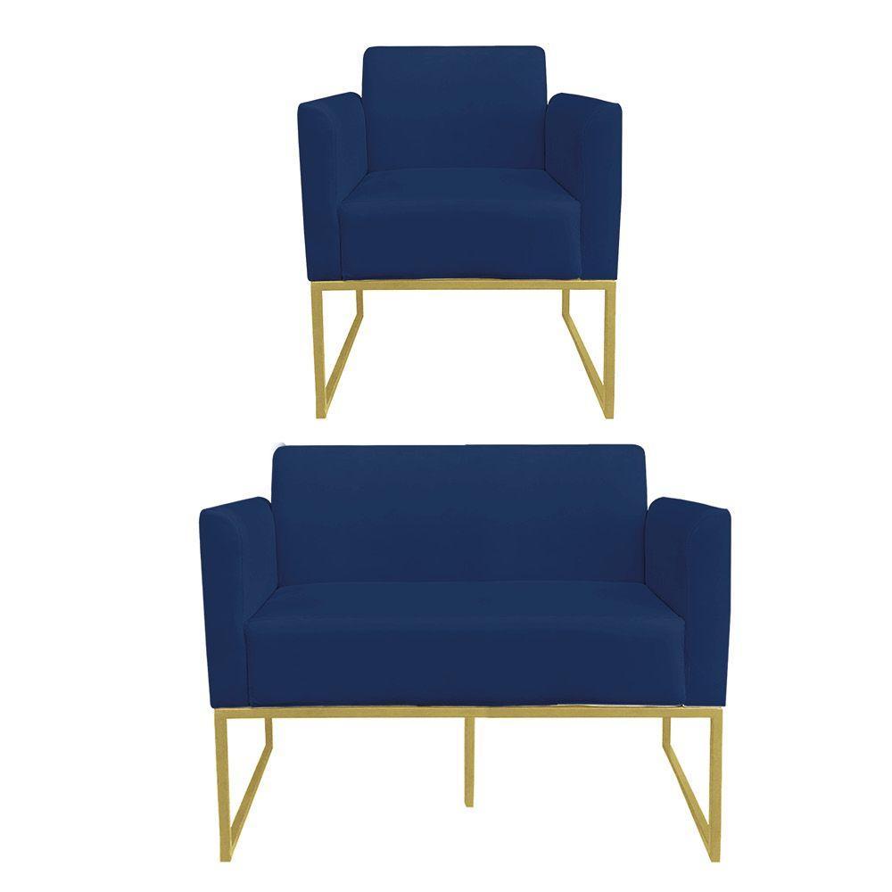 01 Namoradeira E 01 Poltrona Marisa Suede Azul Marinho - 1