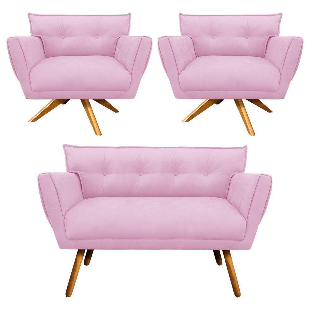 Kit 01 Namoradeira E 02 Poltronas Anitta Suede Rosa Bebê - 1