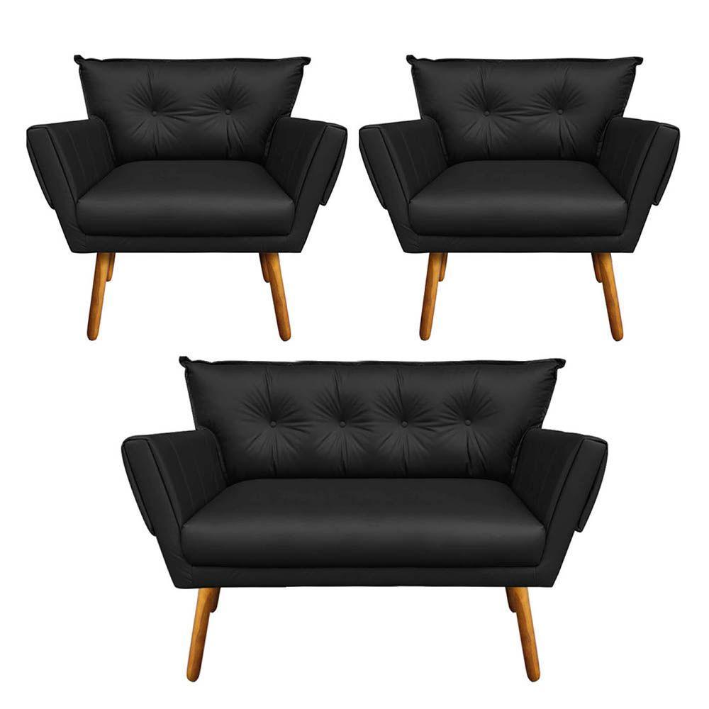 Kit 01 Namoradeira 02 Poltronas Corino Preto - 1